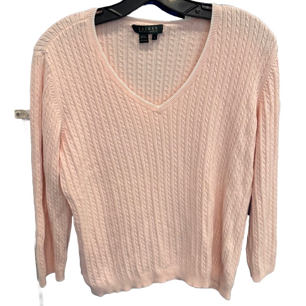 Lauren Ralph Lauren Cable Knit Pink Sweater Size L 100% Cotton VTG
